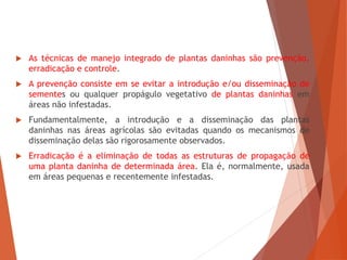  As técnicas de manejo integrado de plantas daninhas são prevenção,
erradicação e controle.
 A prevenção consiste em se evitar a introdução e/ou disseminação de
sementes ou qualquer propágulo vegetativo de plantas daninhas em
áreas não infestadas.
 Fundamentalmente, a introdução e a disseminação das plantas
daninhas nas áreas agrícolas são evitadas quando os mecanismos de
disseminação delas são rigorosamente observados.
 Erradicação é a eliminação de todas as estruturas de propagação de
uma planta daninha de determinada área. Ela é, normalmente, usada
em áreas pequenas e recentemente infestadas.
 