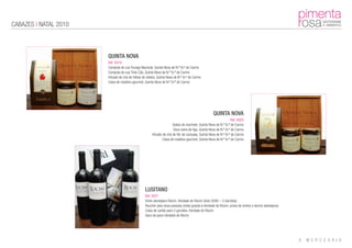 CABAZES | NATAL 2010



                       QUINTA NOVA
                       Ref: 0019
                       Compota de uva Touriga Nacional, Quinta Nova de N.ª Sr.ª do Carmo
                       Compota de uva Tinto Cão, Quinta Nova de N.ª Sr.ª do Carmo
                       Infusão de chá de folhas de videira, Quinta Nova de N.ª Sr.ª do Carmo
                       Caixa de madeira gourmet, Quinta Nova de N.ª Sr.ª do Carmo




                                                                                                     QUINTA NOVA
                                                                                                                   Ref: 0020
                                                                      Geleia de marmelo, Quinta Nova de N.ª Sr.ª do Carmo
                                                                       Doce extra de figo, Quinta Nova de N.ª Sr.ª do Carmo
                                                       Infusão de chá de flor de carqueja, Quinta Nova de N.ª Sr.ª do Carmo
                                                               Caixa de madeira gourmet, Quinta Nova de N.ª Sr.ª do Carmo




                                                  LUSITANO
                                                  Ref: 0021
                                                  Vinho alentejano Rocim, Herdade do Rocim (tinto 2008 – 3 Garrafas)
                                                  Voucher para duas pessoas (visita guiada à Herdade do Rocim, prova de vinhos e lanche alentejano)
                                                  Caixa de cartão para 3 garrafas, Herdade do Rocim
                                                  Saco de pano Herdade do Rocim
 