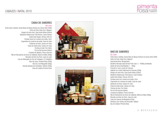CABAZES | NATAL 2010


                                          CAIXA DE SABORES
                                                                  Ref: 0045
Vinho Douro Colheita, Quinta Nova de Nossa Senhora do Carmo (tinto 2008)
                                        Vinho do Porto, Ruby Dum, Niepoort
                          Vinagre de vinho tinto, Casa Santa Vitória (250ml)
                        Balsâmico Balsamusse Trufa Branca, Casa Emiliana
                                       Azeite Extra Virgem, Romeu (250 ml)
                              Tomates secos em conserva de azeite, Carm
                          Cogumelos em conserva de azeite, Casa de Juste
                                       Azeitonas de Elvas, Campo em Casa
                                    Pasta de azeito preta, Campo em Casa
                                                Chutney de kiwi, Fino Gosto
                                                Flor de Sal Gourmet (Aveiro)
                                      Compota de abóbora, Prisca Gourmet       BAÚ DE SABORES
         Mel de Rosmaninho da Serra do Caldeirão, Monte do Mato (260g)         Ref: 0046
                                Biscoitos de Vinho do Porto, Casa de Juste     Vinho Douro Colheita, Quinta Nova de Nossa Senhora do Carmo (tinto 2008)
                    Lata de Rebuçados de Ovo de Portalegre (12 Unidades)       Vinho do Porto, Ruby Dum, Niepoort
                                       Saco de nozes, Pimenta Rosa (250g)      Espumante Bruto, Murganheira
                                             Pão de Ló de Margaride (500g)     Bacalhau Noruega Especial Asa Preta mais +/- 1600kg (embalado)
                            Grande selecção de chocolates, Caffarel (320g)     Queijo da Serra amanteigado (+ - 500g)
                                            Caixa de madeira Pimenta Rosa      Presunto s/ osso curado de Trancoso
                                                                               Salpicão do Lombo tradicional de Trancoso (250g)
                                                                               Vinagre de vinho tinto, Casa Santa Vitória (250ml)
                                                                               Balsâmico Balsamusse Trufa Branca, Casa Emiliana
                                                                               Azeite Extra Virgem, Romeu (250 ml)
                                                                               Tomates secos em conserva de azeite, Carm
                                                                               Cogumelos em conserva de azeite, Casa de Juste
                                                                               Azeitonas de Elvas, Campo em Casa
                                                                               Pasta de azeito preta, Campo em Casa
                                                                               Chutney de kiwi, Fino Gosto
                                                                               Flor de Sal Gourmet (Aveiro)
                                                                               Compota de abóbora, Prisca Gourmet
                                                                               Mel de Rosmaninho da Serra do Caldeirão, Monte do Mato (260g)
                                                                               Biscoitos de Vinho do Porto, Casa de Juste
                                                                               Caixa de Cavacas de Margaride (250g)
                                                                               Bombons com recheio de limoncello, Caffarel
                                                                               Baú de madeira Pimenta Rosa
 