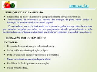 IRRIGAÇÃO
LIMITAÇÕES NO USO DAASPERSÃO
• Necessidade de maior investimento comparativamente à irrigação por sulco;
• Favorecimento da ocorrência da maioria das doenças da parte aérea, devido à
formação de ambiente úmido no dossel vegetal;
Por outro lado, a ocorrência de oídio em lavouras irrigadas por aspersão é bem menor
que naquelas irrigadas por sulco ou por gotejamento, devido principalmente à ação
mecânica das gotas d’água que danificam as estruturas vegetativas e reprodutivas do fungo.
IRRIGAÇÃO POR GOTEJAMENTO
VANTAGENS:
• Economia de água, de energia e de mão-de-obra;
• Maior uniformidade de aplicação de água;
• Pode ser usado em qualquer tipo de solo e topografia;
• Menor severidade de doenças da parte aérea;
• Facilidade de fertirrigação e de automação;
• Maior produtividade.
 