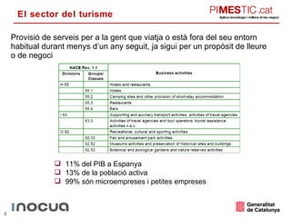 El sector del turisme Provisió de serveis per a la gent que viatja o està fora del seu entorn habitual durant menys d’un any seguit, ja sigui per un propòsit de lleure o de negoci 11% del PIB a Espanya 13% de la població activa 99% són microempreses i petites empreses  