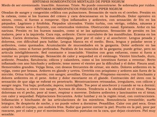 SINTOMAS HOMEOPATICOS MENTALES DE PIPER NIGRUM Miedo de ser envenenado. Irascible. Amoroso. Triste. No puede concentrarse. Se sobresalta por ruidos.  SINTOMAS HOMEOPATICOS FISICOS DE PIPER NIGRUM Oleadas de sangre y congesti ó n cef á lica con pulsaciones. Sensaci ó n de vac í o en el cerebro. Presi ó n en la cabeza, como si los huesos del cr á neo y cara descansaran en la mand í bula. Dolor opresivo en sienes, como, si fueran a romperse. Ojos inflamados y ardientes, con sensaci ó n de fr í o en los p á rpados. Lagrimeo y fotofobia. P á rpados ulcerados. Visi ó n turbia, con v é rtigo, cefalea, n á useas y v ó mitos. Coriza seco o fluyente, con estornudos violentos. Obstrucci ó n nasal. Epistaxis. Ardor en las narinas. Presi ó n en los huesos nasales, como si se las aplastaran. Sensaci ó n de presi ó n en los malares, peor a la izquierda. Cara roja, ardiente. Cierre convulsivo de las mand í bulas. Eczema en los labios. Caries dentarias. Violentas odontalgias, peor por el calor y al anochecer. Lengua pesada y dolorosa, con dificultad para hablar. Lengua blanca en el medio. Boca, lengua y paladar secos y ardientes, como quemados. Acumulaci ó n de mucosidades en la garganta. Dolor ardiente en las am í gdalas, como si fueran perforadas. Par á lisis de los m ú sculos de la garganta; puede gritar, pero no articula inteligiblemente. Sed constante e insaciable. V ó mitos con gran esfuerzo, como si fuera a vomitar su propio est ó mago. Sensaci ó n de calor y sequedad en el est ó mago. Vientre hinchado, duro, ardiente. Pesadez, flatulencia; c ó licos y calambres, como si los intestinos fueran a reventar. Recto inflamado con ano hinchado y ardiente; teme mover el vientre por la dificultad y el dolor. Fisura anal. Hemorroides grandes. Vejiga llena, con deseos frecuentes de orinar, sin  é xito. Dolores ardientes en la vejiga, como por brasas. Ardores en glande y uretra. Uretritis con priapismo y ardores a ú n fuera de la micci ó n. Orina turbia, marr ó n; con sangre; arenillas. Glucosuria. Priapismo excesivo, con hinchaz ó n y dolores ardientes en el pene. Ardor y dolor excoriante en el glande. Contracci ó n del  ú tero con la sensaci ó n de que algo se esforz ó  en penetrarlo. Menstruaciones retrasadas, irregulares, con c ó licos y sangre negra. Voz baja; profunda;  á spera; ininteligible. Tos peor al anochecer y cuando se va a dormir; violenta; hueca; a veces con sangre. Accesos de disnea. Tendencia a la obesidad en el t ó rax. Placas dolorosas en el pecho, peor al toser, respirar o moverse. Dolores ardientes y lancinantes en el t ó rax; con calor y sequedad. Palpitaciones frecuentes. Ardor lumbar y en la regi ó n renal, con contracciones. Inflamaci ó n e hinchaz ó n de las articulaciones de los miembros. Somnolencia irresistible; sue ñ o let á rgico. Se despierta de noche, y no puede volver a dormirse. Pesadillas. Calor con piel seca. Gran calor en todo el cuerpo, con sudores fr í os. Sudor que parece corroer la piel. Prurito en la piel, peor por rascarse, por el calor y por el movimiento. Grandes p ú stulas en la cara, que dejan cicatrices. Piel muy sensible. 