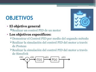OBJETIVOS
• El objetivo general
Realizar un control PID de un motor
• Los objetivos específicos:
Demostrar el Control PID por medio del segundo método
Realizar la simulación del control PID del motor a través
de Proteus
Realizar la simulación del control PID del motor a través
de Simulink
 
