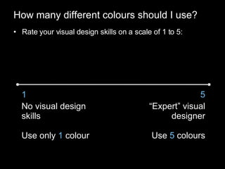 How many different colours should I use? Rate your visual design skills on a scale of 1 to 5: 1 No visual design skills Use only  1  colour 5 “ Expert” visual designer Use  5  colours 
