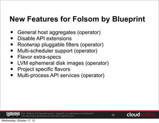 New Features for Folsom by Blueprint
      •    General host aggregates (operator)
      •    Disable API extensions
      •    Rootwrap pluggable filters (operator)
      •    Multi-scheduler support (operator)
      •    Flavor extra-specs
      •    LVM ephemeral disk images (operator)
      •    Project specific flavors
      •    Multi-process API services (operator)




              CCA - NoDerivs 3.0 Unported License - Usage OK, no modifications, full attribution.*
              * All unlicensed or borrowed works retain their original licenses.                     12

Wednesday, October 17, 12
 