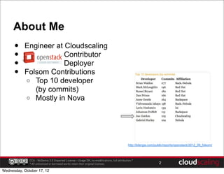 About Me
      •    Engineer at Cloudscaling
      •                Contributor
      •                Deployer
      •    Folsom Contributions
           o Top 10 developer
              (by commits)
           o Mostly in Nova




                                                                                              http://bitergia.com/public/reports/openstack/2012_09_folsom/



              CCA - NoDerivs 3.0 Unported License - Usage OK, no modifications, full attribution.*
              * All unlicensed or borrowed works retain their original licenses.                                    2

Wednesday, October 17, 12
 