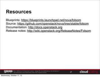 Resources
     Blueprints: https://blueprints.launchpad.net/nova/folsom
     Source: https://github.com/openstack/nova/tree/stable/folsom
     Documentation: http://docs.openstack.org
     Release notes: http://wiki.openstack.org/ReleaseNotes/Folsom




              CCA - NoDerivs 3.0 Unported License - Usage OK, no modifications, full attribution.*
              * All unlicensed or borrowed works retain their original licenses.                     27

Wednesday, October 17, 12
 