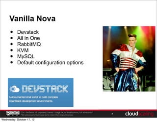 Vanilla Nova
      •    Devstack
      •    All in One
      •    RabbitMQ
      •    KVM
      •    MySQL
      •    Default configuration options




              CCA - NoDerivs 3.0 Unported License - Usage OK, no modifications, full attribution.*
              * All unlicensed or borrowed works retain their original licenses.                     7

Wednesday, October 17, 12
 