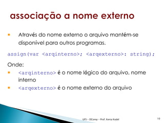    Através do nome externo o arquivo mantém-se
    disponível para outros programas.

assign(var <arqinterno>; <arqexterno>: string);

Onde:
 <arqinterno> é o nome lógico do arquivo, nome
   interno
 <arqexterno> é o nome externo do arquivo



                            UFS - DComp - Prof. Kenia Kodel   10
 