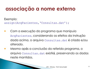Exemplo:
assign(ArqPacientes,‘Consultas.dat’);

   Com a execução do programa que manipula
    ArqPacientes, considerando os efeitos da instrução
    dada acima, o arquivo Consultas.dat é criado e/ou
    alterado.
   Mesmo após a conclusão do referido programa, o
    arquivo Consultas.dat existirá, preservando os dados
    neste mantidos.


                           UFS - DComp - Prof. Kenia Kodel   11
 