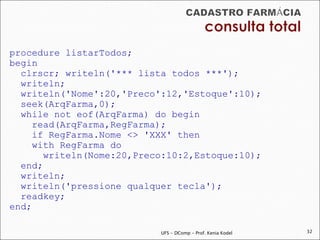 procedure listarTodos;
begin
  clrscr; writeln('*** lista todos ***');
  writeln;
  writeln('Nome':20,'Preco':12,'Estoque':10);
  seek(ArqFarma,0);
  while not eof(ArqFarma) do begin
     read(ArqFarma,RegFarma);
     if RegFarma.Nome <> 'XXX' then
     with RegFarma do
       writeln(Nome:20,Preco:10:2,Estoque:10);
  end;
  writeln;
  writeln('pressione qualquer tecla');
  readkey;
end;

                           UFS - DComp - Prof. Kenia Kodel   32
 
