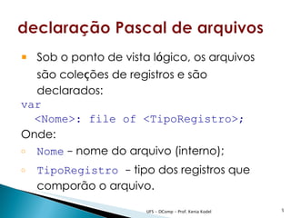  Sob o ponto de vista lógico, os arquivos
  são coleções de registros e são
  declarados:
var
  <Nome>: file of <TipoRegistro>;
Onde:
o Nome – nome do arquivo (interno);

o   TipoRegistro – tipo dos registros que
    comporão o arquivo.

                       UFS - DComp - Prof. Kenia Kodel   5
 