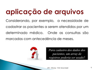 Considerando, por exemplo, a necessidade de
cadastrar os pacientes a serem atendidos por um
determinado médico.    Onde as consultas são
marcadas com antecedência de meses.


                         Para cadastro dos dados dos
                            pacientes, um array de
                         registros poderia ser usado?


                       UFS - DComp - Prof. Kenia Kodel   6
 
