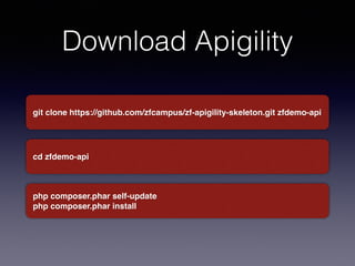 Download Apigility 
git clone https://github.com/zfcampus/zf-apigility-skeleton.git zfdemo-api 
cd zfdemo-api 
php composer.phar self-update! 
php composer.phar install 
 