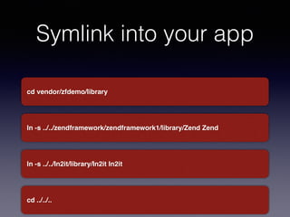Symlink into your app 
cd vendor/zfdemo/library 
ln -s ../../zendframework/zendframework1/library/Zend Zend 
ln -s ../../In2it/library/In2it In2it 
cd ../../.. 
 