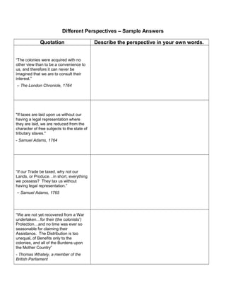 Different Perspectives – Sample Answers 
Quotation Describe the perspective in your own words. 
“The colonies were acquired with no 
other view than to be a convenience to 
us, and therefore it can never be 
imagined that we are to consult their 
interest.” 
– The London Chronicle, 1764 
"If taxes are laid upon us without our 
having a legal representation where 
they are laid, we are reduced from the 
character of free subjects to the state of 
tributary slaves." 
- Samuel Adams, 1764 
“If our Trade be taxed, why not our 
Lands, or Produce…in short, everything 
we possess? They tax us without 
having legal representation.” 
– Samuel Adams, 1765 
“We are not yet recovered from a War 
undertaken…for their (the colonists’) 
Protection…and no time was ever so 
seasonable for claiming their 
Assistance. The Distribution is too 
unequal, of Benefits only to the 
colonies, and all of the Burdens upon 
the Mother Country” 
- Thomas Whately, a member of the 
British Parliament 
 