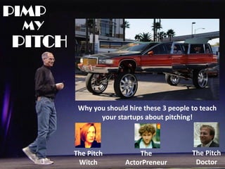 PIMP
MY
PITCH
Why you should hire these 3 people to teach
your startups about pitching!
The Pitch
Witch
The
ActorPreneur
The Pitch
Doctor
 