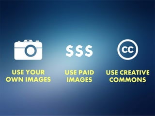 USE YOUR    USE PAID   USE CREATIVE
OWN IMAGES   IMAGES      COMMONS
 