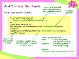 Add YouTube Thumbnails <ul><ul><li>Insert just above </body>: </li></ul></ul><script type=&quot;text/javascript&quot;> fun...
