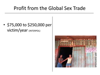 Profit from the Global Sex Trade

• $75,000 to $250,000 per
  victim/year (INTERPOL)
 