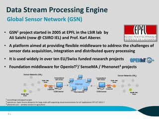Data Stream Processing Engine
7 |
Global Sensor Network (GSN)
• GSN1 project started in 2005 at EPFL in the LSIR lab by
Ali Salehi (now @ CSIRO IEL) and Prof. Karl Aberer.
• A platform aimed at providing flexible middleware to address the challenges of
sensor data acquisition, integration and distributed query processing
• It is used widely in over ten EU/Swiss funded research projects
• Foundation middleware for OpenIoT2/ SenseMA / Phenonet3 projects
1 sourceforge.net/apps/trac/gsn
2 openiot.eu: Open Source blueprint for large scale self-organizing cloud environments for IoT applications FP7-ICT-2011-7
3 phenonet.com : wireless sensors in agriculture
 