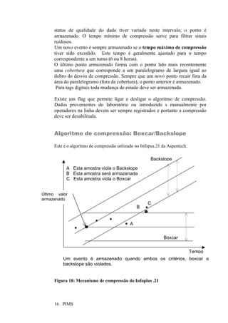 PIMS16
status de qualidade do dado tiver variado neste intervalo, o ponto é
armazenado. O tempo mínimo de compressão serve para filtrar sinais
ruidosos.
Um novo evento é sempre armazenado se o tempo máximo de compressão
tiver sido excedido. Este tempo é geralmente ajustado para o tempo
correspondente a um turno (6 ou 8 horas).
O último ponto armazenado forma com o ponto lido mais recentemente
uma cobertura que corresponde a um paralelogramo de largura igual ao
dobro do desvio de compressão. Sempre que um novo ponto recair fora da
área do paralelogramo (fora da cobertura), o ponto anterior é armazenado.
Para tags digitais toda mudança de estado deve ser armazenada.
Existe um flag que permite ligar e desligar o algoritmo de compressão.
Dados provenientes do laboratório ou introduzido s manualmente por
operadores na linha devem ser sempre registrados e portanto a compressão
deve ser desabilitada.
Algoritmo de compressão: Boxcar/Backslope
Este é o algoritmo de compressão utilizado no Infopus.21 da Aspentech.
Figura 18: Mecanismo de compressão do Infoplus .21
Backslope
Tempo
Boxcar
A Esta amostra viola o Backslope
B Esta amostra será armazenada
C Esta amostra viola o Boxcar
Último valor
armazenado
A
B
C
Um evento é armazenado quando ambos os critérios, boxcar e
backslope são violados.
 