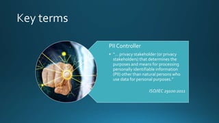 PII Controller
• “… privacy stakeholder (or privacy
stakeholders) that determines the
purposes and means for processing
personally identifiable information
(PII) other than natural persons who
use data for personal purposes.”
ISO/IEC 29100:2011
 