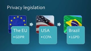The EU
• GDPR
USA
• CCPA
Brazil
• LGPD
 