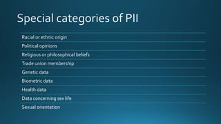 Racial or ethnic origin
Political opinions
Religious or philosophical beliefs
Trade union membership
Genetic data
Biometric data
Health data
Data concerning sex life
Sexual orientation
 