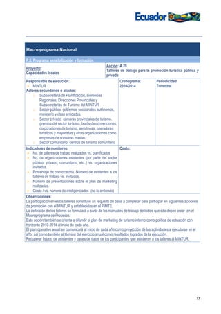 Macro-programa Nacional

P.6. Programa sensibilización y formación
                                                      Acción: A.28
Proyecto:
                                                      Talleres de trabajo para la promoción turística pública y
Capacidades locales
                                                      privada
Responsable de ejecución:                                     Cronograma:            Periodicidad
     MINTUR                                                   2010-2014              Trimestral
Actores secundarios o aliados:
     o Subsecretaría de Planificación, Gerencias
          Regionales, Direcciones Provinciales y
          Subsecretarías de Turismo del MINTUR
     o Sector público: gobiernos seccionales autónomos,
          ministerio y otras entidades.
     o Sector privado: cámaras provinciales de turismo,
          gremios del sector turístico, burós de convenciones,
          corporaciones de turismo, aerolíneas, operadores
          turísticos y mayoristas y otras organizaciones como
          empresas de consumo masivo.
     o Sector comunitario: centros de turismo comunitario
Indicadores de monitoreo:                                        Costo:
     No. de talleres de trabajo realizados vs. planificados
     No. de organizaciones asistentes (por parte del sector
     público, privado, comunitario, etc.,) vs. organizaciones
     invitadas.
     Porcentaje de convocatoria. Número de asistentes a los
     talleres de trabajo vs. invitados.
     Número de presentaciones sobre el plan de marketing
     realizadas.
     Costo / vs. número de inteligenciados (no lo entiendo)
Observaciones:
La participación en estos talleres constituye un requisito de base a completar para participar en siguientes acciones
de promoción con el MINTUR y establecidas en el PIMTE.
La definición de los talleres se formulará a partir de los manuales de trabajo definidos que sde deben crear en el
Macroprograma de Procesos.
Esta acción también se orienta a difundir el plan de marketing de turismo interno como política de actuación con
horizonte 2010-2014 al inicio de cada año.
El plan operativo anual se comunicará al inicio de cada año como proyección de las actividades a ejecutarse en el
año, así como también al término del ejercicio anual como resultados logrados de la ejecución.
Recuperar listado de asistentes y bases de datos de los participantes que asistieron a los talleres al MINTUR.




                                                                                                                  - 17 -
 
