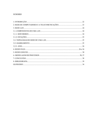 21
SUMÁRIO
1- INTRODUÇÃO...................................................................................................................... 22
2- REDE DE COMPUTADORES E A TELECOMUNICAÇÕES.................................................. 23
3- REDE LAN ............................................................................................................................ 24
3.1- COMPONENTES DE UMA LAN......................................................................................... 24
3.1.1- SERVIDORES.................................................................................................................. 24
3.1.2- ESTAÇÕES...................................................................................................................... 25
3.2- TOPOLOGIAS DE REDE DE UMA LAN............................................................................. 25
3.2.1-BARRAMENTO................................................................................................................ 25
3.2.2- ANEL............................................................................................................................... 26
4- REDES WAN.................................................................................................................. 26 a 34
5- REDES SEM FIO................................................................................................................... 30
6- MODELAGEM DE PROCESSOS......................................................................................30, 37
7- CONCLUSÃO........................................................................................................................ 38
8- BIBLIOGRAFIA..................................................................................................................... 39
GLOSSÁRIO.............................................................................................................................. 34
 
