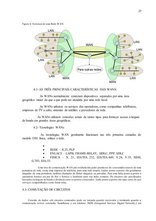 27
Figura 6: Estrutura de uma Rede WAN.
4.1- AS TRÊS PRINCIPAIS CARACTERÍSTICAS DAS WANS:
As WANs normalmente conectam dispositivos separados por uma área
geográfica maior do que a que pode ser atendida por uma rede local.
As WANs utilizam os serviços das operadoras, como companhias telefônicas,
empresas de TV a cabo, sistemas de satélites e provedores de rede.
As WANs utilizam conexões seriais de vários tipos para fornecer acesso à largura
de banda em grandes áreas geográficas.
4.2- Tecnologias WANs
As tecnologias WAN geralmente funcionam nas três primeiras camadas do
modelo OSI: física, enlace e rede.

 REDE – X.25, PLP
 ENLACE – LAPB, FRAME-RELAY, HDLC, PPP, SDLC
 FISICA – X. 21, EIA/TIA 232, EIA/TIA-449, V.24, V.35, HSSI,
G.703, EIA-53
Uma rota de comunicação WAN pré-estabelecida pelas premissas do consumidor através de uma
portadora de rede, como uma empresa de telefonia, para uma rede remota. Linhas ponto-a-ponto são geralmente
alugadas de uma portadora, também chamadas de linhas alugadas ou privadas. Para uma linha ponto-a-ponto a
operadora fornece um par de fios e fornece o hardware para sua linha somente. Os circuitos são precificados
baseados na largura de banda e distância entre os pontos conectados . Links ponto-a-ponto são mais caros do que
serviços compartilhados como frame-relay.
4.3- COMUTAÇÃO DE CIRCUITOS
Conexão de dados sob circuitos comutados pode ser iniciada quando necessário e terminada quando a
comunicação estiver concluída. Semelhante a um telefone. ISDN (Integrated Services Digital Network) é um
 