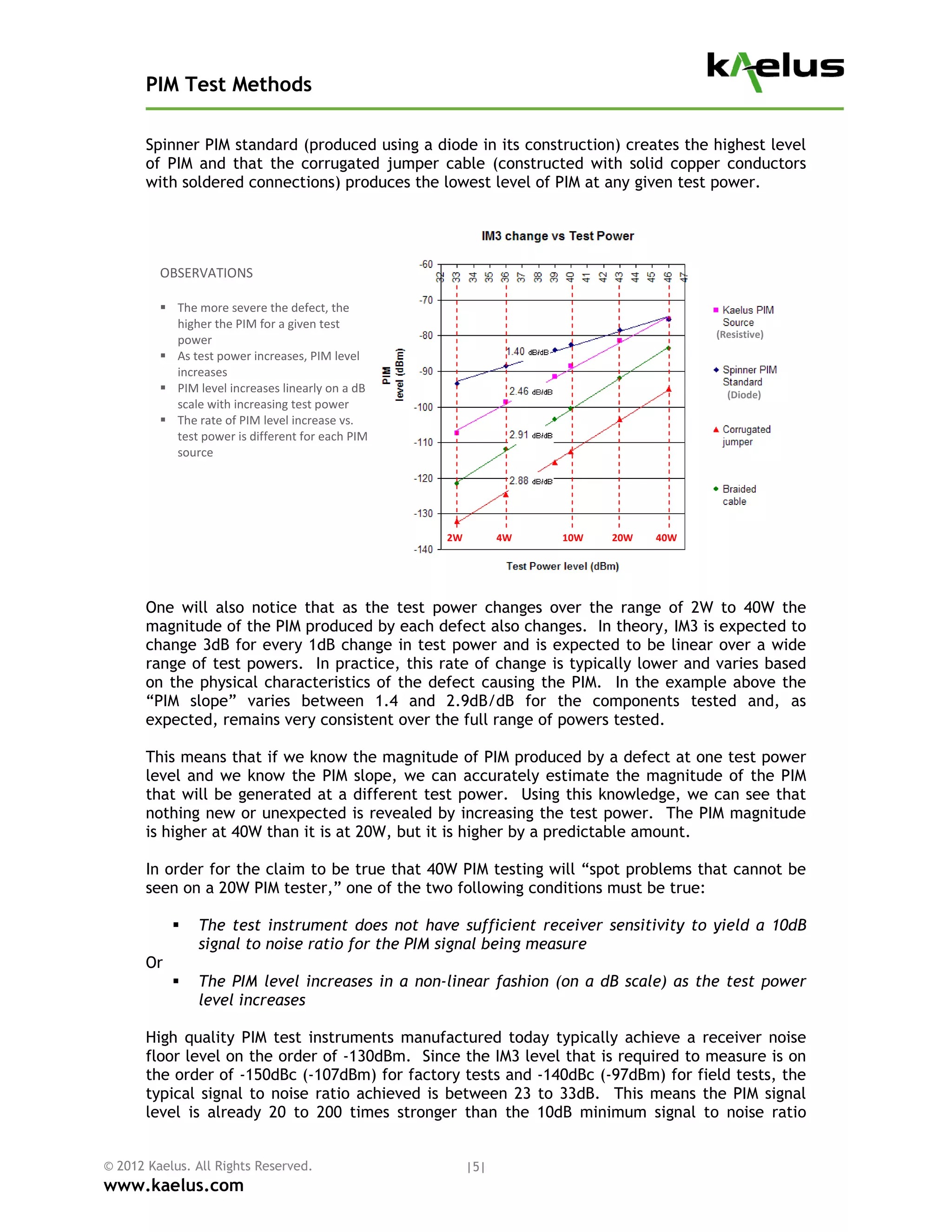 PIM Test Methods

       Spinner PIM standard (produced using a diode in its construction) creates the highest level
       of PIM and that the corrugated jumper cable (constructed with solid copper conductors
       with soldered connections) produces the lowest level of PIM at any given test power.




         OBSERVATIONS 
          
          The more severe the defect, the 
           higher the PIM for a given test 
                                                                                      (Resistive) 
           power 
          As test power increases, PIM level 
           increases 
          PIM level increases linearly on a dB                                         (Diode) 
           scale with increasing test power 
          The rate of PIM level increase vs. 
           test power is different for each PIM 
           source 




                                                   2W         4W   10W   20W   40W 




       One will also notice that as the test power changes over the range of 2W to 40W the
       magnitude of the PIM produced by each defect also changes. In theory, IM3 is expected to
       change 3dB for every 1dB change in test power and is expected to be linear over a wide
       range of test powers. In practice, this rate of change is typically lower and varies based
       on the physical characteristics of the defect causing the PIM. In the example above the
       “PIM slope” varies between 1.4 and 2.9dB/dB for the components tested and, as
       expected, remains very consistent over the full range of powers tested.

       This means that if we know the magnitude of PIM produced by a defect at one test power
       level and we know the PIM slope, we can accurately estimate the magnitude of the PIM
       that will be generated at a different test power. Using this knowledge, we can see that
       nothing new or unexpected is revealed by increasing the test power. The PIM magnitude
       is higher at 40W than it is at 20W, but it is higher by a predictable amount.

       In order for the claim to be true that 40W PIM testing will “spot problems that cannot be
       seen on a 20W PIM tester,” one of the two following conditions must be true:

               The test instrument does not have sufficient receiver sensitivity to yield a 10dB
                signal to noise ratio for the PIM signal being measure
       Or
               The PIM level increases in a non-linear fashion (on a dB scale) as the test power
                level increases

       High quality PIM test instruments manufactured today typically achieve a receiver noise
       floor level on the order of -130dBm. Since the IM3 level that is required to measure is on
       the order of -150dBc (-107dBm) for factory tests and -140dBc (-97dBm) for field tests, the
       typical signal to noise ratio achieved is between 23 to 33dB. This means the PIM signal
       level is already 20 to 200 times stronger than the 10dB minimum signal to noise ratio


© 2012 Kaelus. All Rights Reserved.                     |5|
www.kaelus.com
 