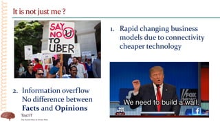 It is not just me ?
1. Rapid changing business
models due to connectivity
cheaper technology
2. Information overflow
No difference between
Facts and Opinions
 