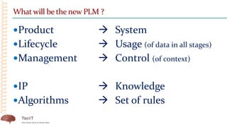Whatwill be the new PLM ?
Product  System
Lifecycle  Usage (of data in all stages)
Management  Control (of context)
...