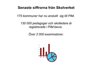 Senaste siffrorna från Skolverket 175 kommuner har nu anslutit  sig till PIM.  130 000 pedagoger och skolledare är registrerade i PIM-bevis.  Över 2 000 examinatorer. 