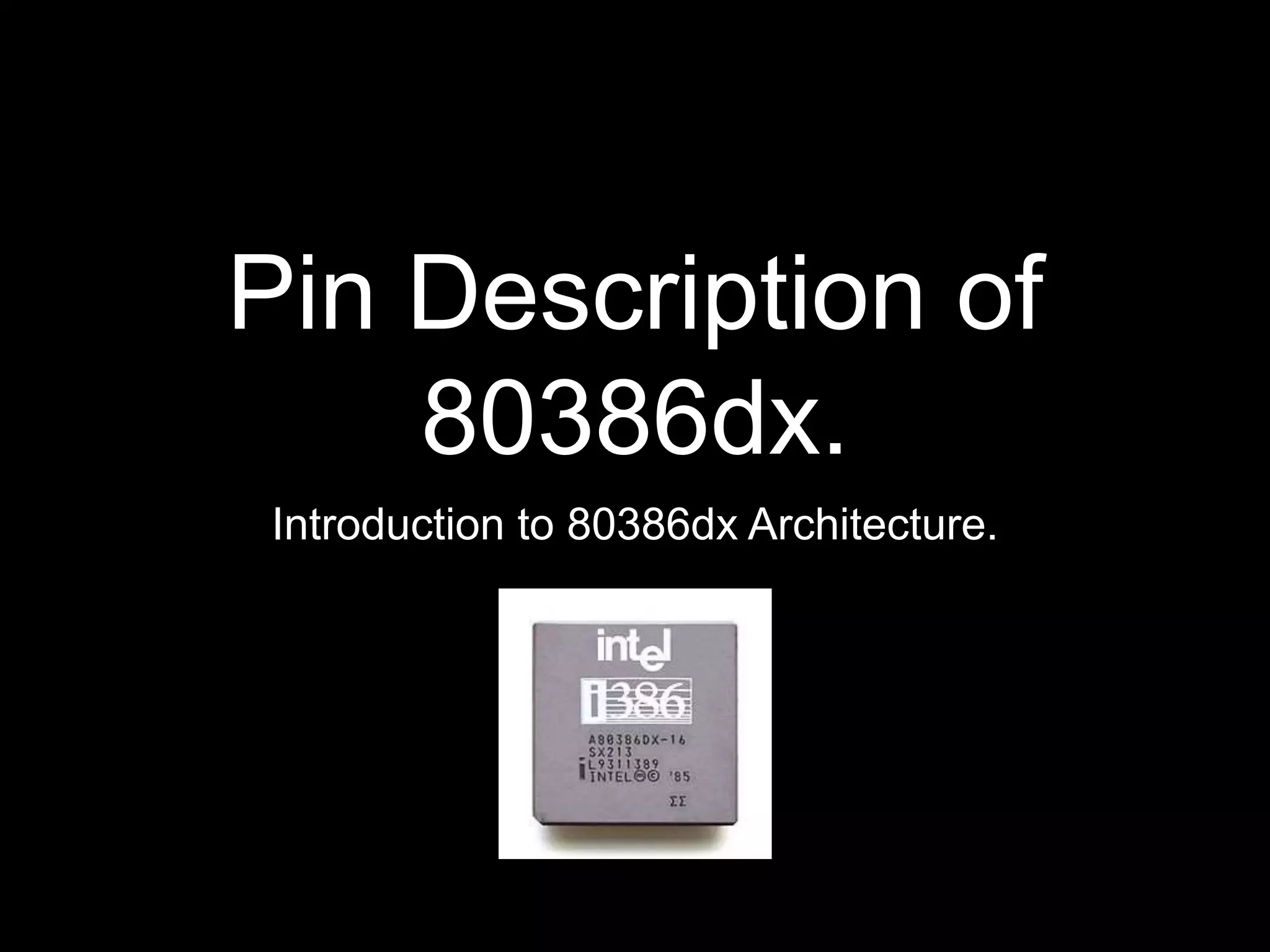 Pin Description of
80386dx.
Introduction to 80386dx Architecture.
 