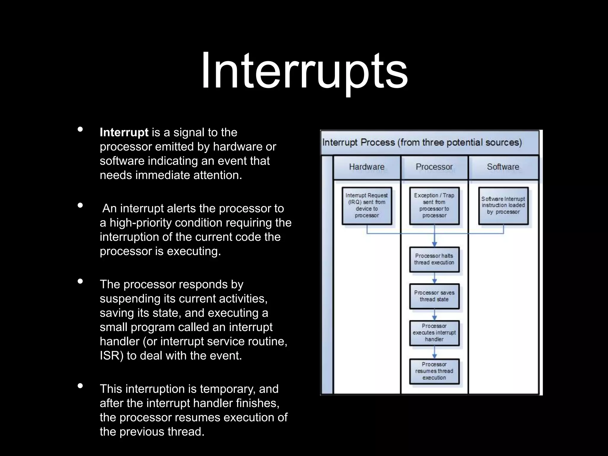 Interrupts
• Interrupt is a signal to the
processor emitted by hardware or
software indicating an event that
needs immediate attention.
• An interrupt alerts the processor to
a high-priority condition requiring the
interruption of the current code the
processor is executing.
• The processor responds by
suspending its current activities,
saving its state, and executing a
small program called an interrupt
handler (or interrupt service routine,
ISR) to deal with the event.
• This interruption is temporary, and
after the interrupt handler finishes,
the processor resumes execution of
the previous thread.
 
