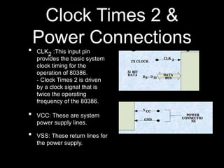 Clock Times 2 &
Power Connections
• CLK2 :This input pin
provides the basic system
clock timing for the
operation of 80386.
- Clock Times 2 is driven
by a clock signal that is
twice the operating
frequency of the 80386.
• VCC: These are system
power supply lines.
• VSS: These return lines for
the power supply.
 