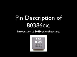 Pin Description of
80386dx.
Introduction to 80386dx Architecture.
 
