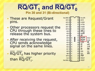 RQ/GT1 and RQ/GT0
Pin 30 and 31 (Bi-directional)
 These are Request/Grant
pins.
 Other processors request the
CPU through these lines to
release the system bus.
 After receiving the request,
CPU sends acknowledge
signal on the same lines.
 RQ/GT0 has higher priority
than RQ/GT1.
33
 