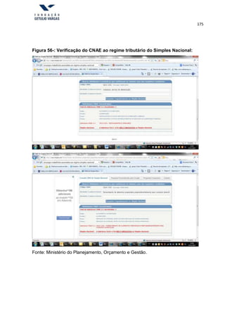 175
Figura 56-: Verificação do CNAE ao regime tributário do Simples Nacional:
Fonte: Ministério do Planejamento, Orçamento e Gestão.
 