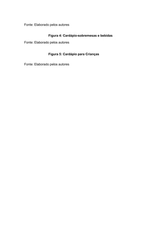 Fonte: Elaborado pelos autores
Figura 4: Cardápio-sobremesas e bebidas
Fonte: Elaborado pelos autores
Figura 5: Cardápio para Crianças
Fonte: Elaborado pelos autores
 