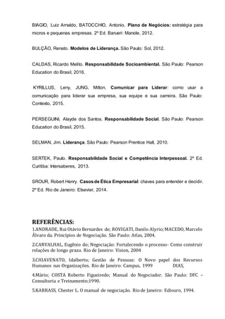 BIAGIO, Luiz Arnaldo, BATOCCHIO, Antonio. Plano de Negócios: estratégia para
micros e pequenas empresas. 2º Ed. Barueri: Manole, 2012.
BULÇÃO, Renato. Modelos de Liderança. São Paulo: Sol, 2012.
CALDAS, Ricardo Melito. Responsabilidade Socioambiental. São Paulo: Pearson
Education do Brasil, 2016.
KYRILLUS, Leny, JUNG, Milton. Comunicar para Liderar: como usar a
comunicação para liderar sua empresa, sua equipe e sua carreira. São Paulo:
Contexto, 2015.
PERSEGUINI, Alayde dos Santos. Responsabilidade Social. São Paulo: Pearson
Education do Brasil, 2015.
SELMAN, Jim. Liderança. São Paulo: Pearson Prentice Hall, 2010.
SERTEK, Paulo. Responsabilidade Social e Competência Interpessoal. 2º Ed.
Curitiba: Intersaberes, 2013.
SROUR, Robert Henry. Casosde Ética Empresarial: chaves para entender e decidir.
2º Ed. Rio de Janeiro: Elsevier, 2014.
REFERÊNCIAS:
1.ANDRADE, Rui Otávio Bernardes de; ROVIGATI, Danilo Alyrio;MACEDO, Marcelo
Álvaro da. Princípios de Negociação. São Paulo: Atlas, 2004.
2.CARVALHAL, Eugênio do; Negociação: Fortalecendo o processo- Como construir
relações de longo prazo. Rio de Janeiro: Vision, 2004
3.CHIAVENATO, Idalberto; Gestão de Pessoas: O Novo papel dos Recursos
Humanos nas Organizações. Rio de Janeiro: Campus, 1999 DIAS,
4.Mário; COSTA Roberto Figueiredo; Manual do Negociador. São Paulo: DFC –
Consultoria e Treinamento;1990.
5.KARRASS, Chester L. O manual de negociação. Rio de Janeiro: Ediouro, 1994.
 