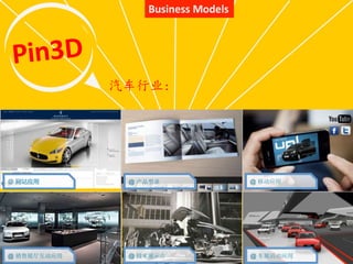 Business Models
@ 销售展厅互动应用 @ 技术展示片
@ 网站应用 @ 产品型录
@ 车展活动应用
@ 移动应用
汽车行业：
 