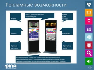 Рекламные возможности
                     Показ дополнительной                            Время
                     информации                                      Дата
 Видео                                                               Погода




 Баннер                                                              Контакты




 Логотип                                                              Логотип на
 магазина                                                             карте




         Выделенное поле АКЦИИ для размещения рекламных баннеров
         Масштабируемая карта и отображение маршрута к выбранному объекту
         Звуковые подсказки и лёгкое перемещение между объектами и этажами



                                                                                   ⑤
 