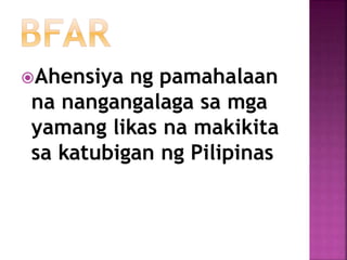 Ahensiya ng pamahalaan
na nangangalaga sa mga
yamang likas na makikita
sa katubigan ng Pilipinas
 