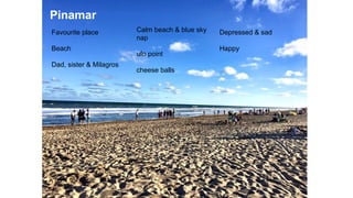 Pinamar
Favourite place
Beach
Dad, sister & Milagros
Calm beach & blue sky
nap
ufo point
cheese balls
Depressed & sad
Happy