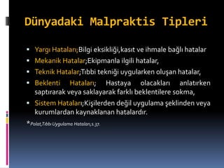 Dünyadaki Malpraktis Tipleri
 Yargı Hataları;Bilgi eksikliği,kasıt ve ihmale bağlı hatalar
 Mekanik Hatalar;Ekipmanla ilgili hatalar,
 Teknik Hatalar;Tıbbi tekniği uygularken oluşan hatalar,
 Beklenti Hataları; Hastaya olacakları anlatırken
saptırarak veya saklayarak farklı beklentilere sokma,
 Sistem Hataları;Kişilerden değil uygulama şeklinden veya
kurumlardan kaynaklanan hatalardır.
*Polat,Tıbbı Uygulama Hataları,s.37.
 