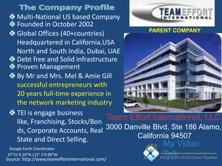 Multi-National US based Company
     Founded in October 2002
                                               PARENT COMPANY
     Global Offices (40+countries)
     Headquartered in California,USA
     North and South India, Dubai, UAE
     Debt free and Solid infrastructure
     Proven Management
     By Mr and Mrs. Mel & Amie Gill
     successful entrepreneurs with
     20 years full-time experience in
     the network marketing industry
     TEI is engage business
     like, Franchising, Stocks/Bon
     ds, Corporate Accounts, Real 3000 Danville Blvd, Ste 186 Alamo,
     State and Direct Selling.            California 94507
 Google Earth Coordinates
37°51'9.39"N 122° 2'0.90"W
                                                  Bringing the World Closer Together
Source: http://www.teameffortinternational.com/
 